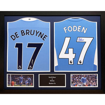 Kevin De Bruyne & Phil Foden Double Signed Framed Manchester City Shirts