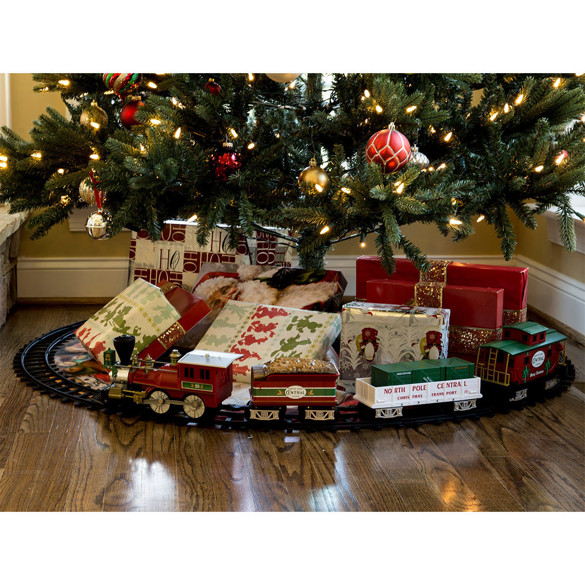 christmas tree with a train in it