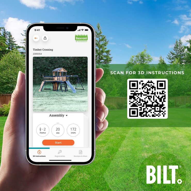 An image of a QR code with 'Scan for 3D instructions' written above it and next to a phone that is explaining the assembly instructions An image of a QR code with 'Scan for 3D instructions' written above it and next to a phone that is explaining the assembly instructions