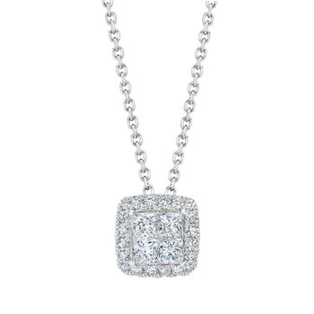 1.00ctw Princess & Round Brilliant Cut Diamond Halo Pendant, 14ct White Gold