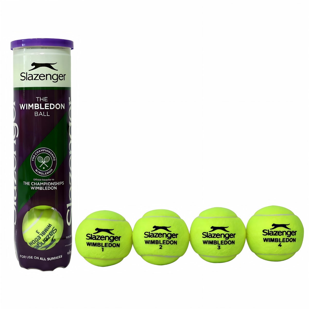 Studio image of a tube of tennis balls with 4 balls beside it Studio image of a tube of tennis balls with 4 balls beside it