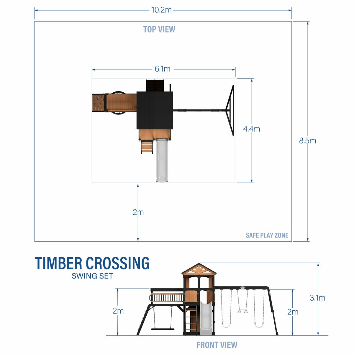 Image showing the dimensions of the Backyard Discovery Timber Crossing Wooden Playcentre and Swing Set Image showing the dimensions of the Backyard Discovery Timber Crossing Wooden Playcentre and Swing Set
