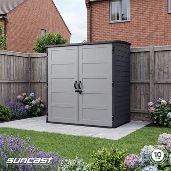 Suncast 5ft 8" x 3ft 6" (1.7 x 1.1m) 3,000 Litre Vertical Storage Shed with Shelves and Tool Hooks Suncast 5ft 8" x 3ft 6" (1.7 x 1.1m) 3,000 Litre Vertical Storage Shed with Shelves and Tool Hooks