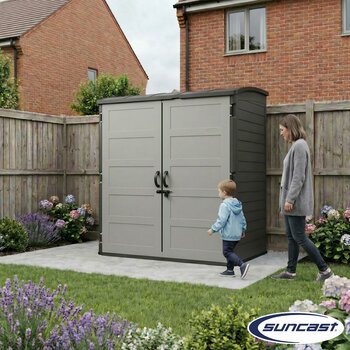 Suncast 5ft 8" x 3ft 6" (1.7 x 1.1m) 3,000 Litre Vertical Storage Shed with Shelves and Tool Hooks Suncast 5ft 8" x 3ft 6" (1.7 x 1.1m) 3,000 Litre Vertical Storage Shed with Shelves and Tool Hooks