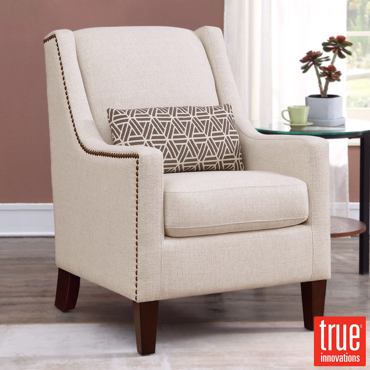 True Innovations Sophia Cream Fabric Chair With Accent Pillow