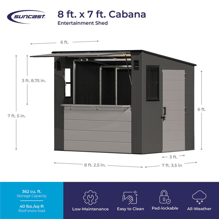 Suncast 8ft 3" x 7ft 4" (2.5 x 2.2m) Cabana Bar Shed Suncast 8ft 3" x 7ft 4" (2.5 x 2.2m) Cabana Bar Shed