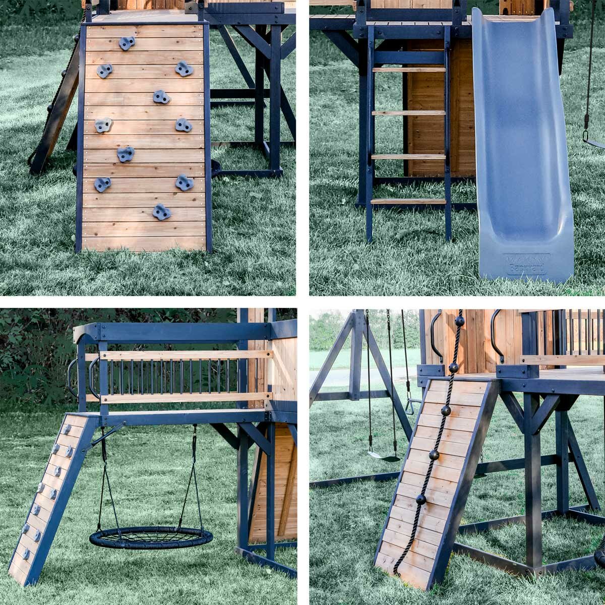 Lifestyle image of the rock wall, slide, web swing and climbing wall Lifestyle image of the rock wall, slide, web swing and climbing wall