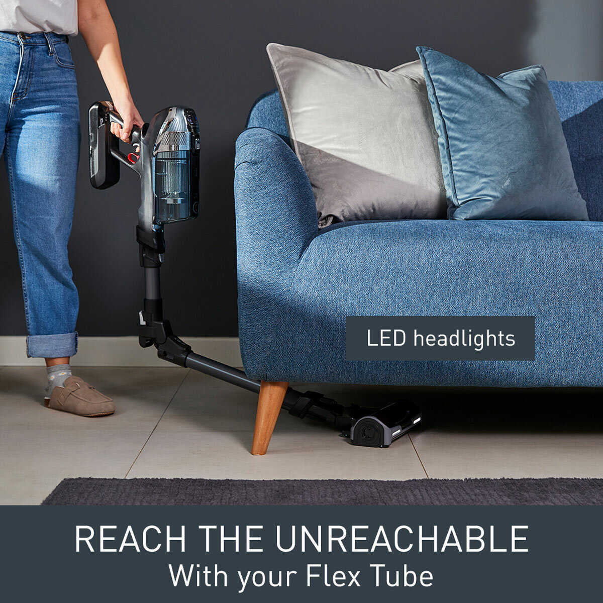Lifestyle image of Tefal X-Force FlexCordless Stick Vacuum Cleaner with flext tube and LED headlights Lifestyle image of Tefal X-Force FlexCordless Stick Vacuum Cleaner with flext tube and LED headlights