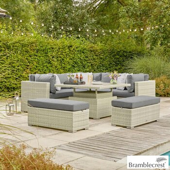 Bramblecrest Kingscote Rattan Deep Seating Corner Patio Set with Dual Height Table Ceramic Table in Cloud Grey