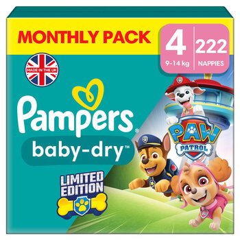 Pampers Paw Patrol Baby Dry Nappies Size 4, 222 Pack