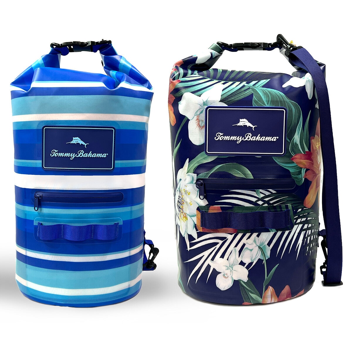 Lifestyle image of the Tommy Bahama Dry Bag in two designs Lifestyle image of the Tommy Bahama Dry Bag in two designs