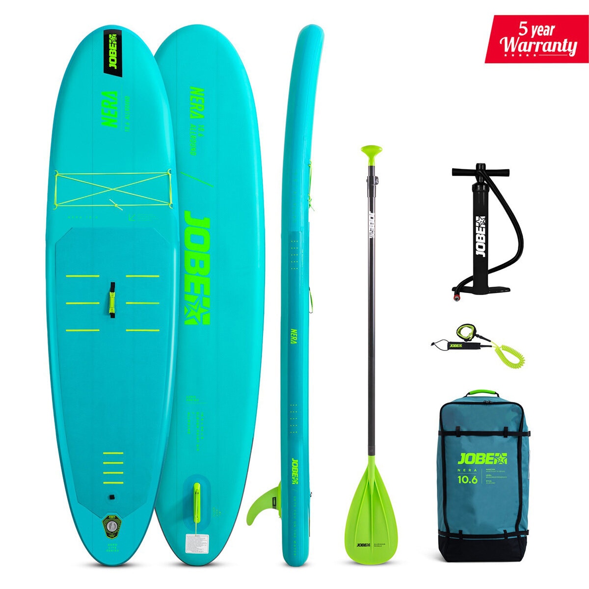 Studio image of the Nera SUP with included accessories Studio image of the Nera SUP with included accessories