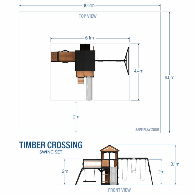 Image showing the dimensions of the Backyard Discovery Timber Crossing Wooden Playcentre and Swing Set Image showing the dimensions of the Backyard Discovery Timber Crossing Wooden Playcentre and Swing Set