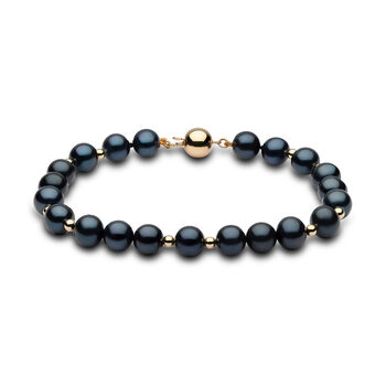 7.5-8mm Cultured Freshwater Black Pearl and Gold Bead Bracelet, 18ct Yellow Gold