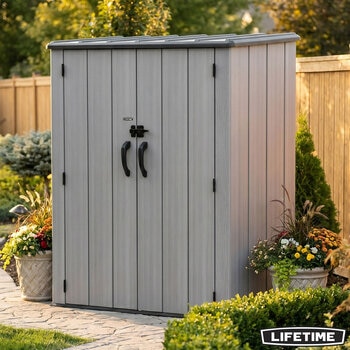 Lifetime 4ft 6" x 2ft 4" (1.4 x 0.7m) Vertical 1,510 Litre Storage Shed with Shelving - Model 60457 Lifetime 4ft 6" x 2ft 4" (1.4 x 0.7m) Vertical 1,510 Litre Storage Shed with Shelving - Model 60457