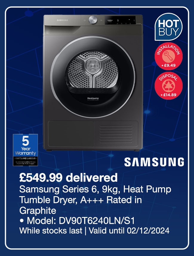 Samsung Series 6 DV90T6240LN/S1, 9kg, Heat Pump Tumble Dryer, A+++ Rated in Graphite