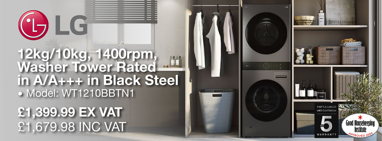 LG WT1210BBTN1, 12kg/10kg, 1400rpm, Washer Tower Rated in A/A+++ in Black Steel