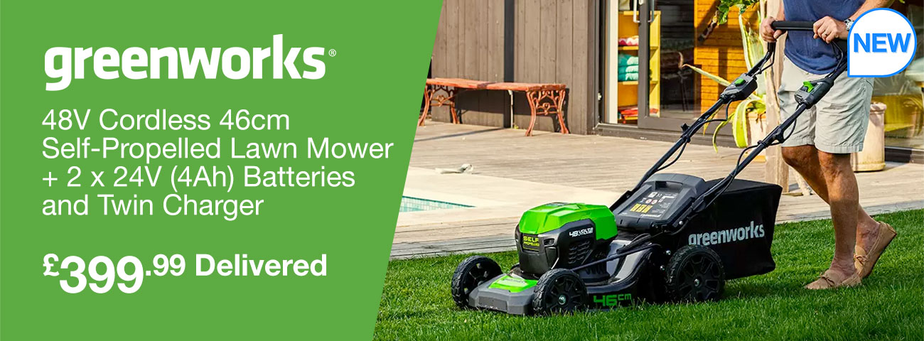 greenworks 48v cordless 46cm self-propelled lawn mower