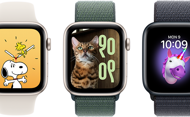 Watch face options, including Memoji, Photos, Portrait and Snoopy, on six Apple Watch devices