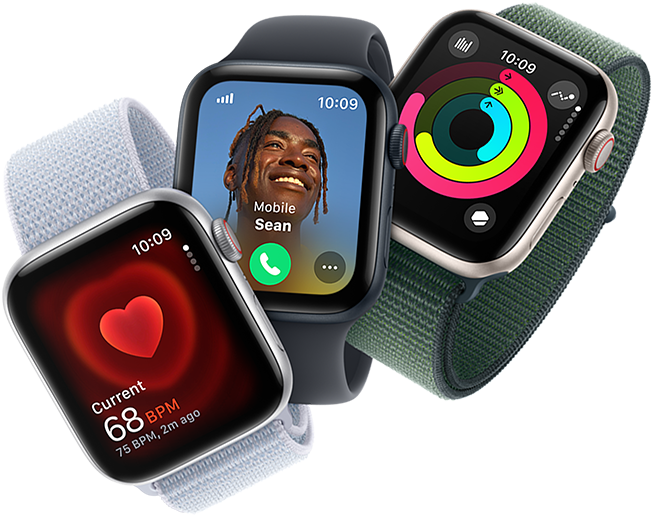 Heart rate monitoring, incoming call and Activity rings on three Apple Watch devices