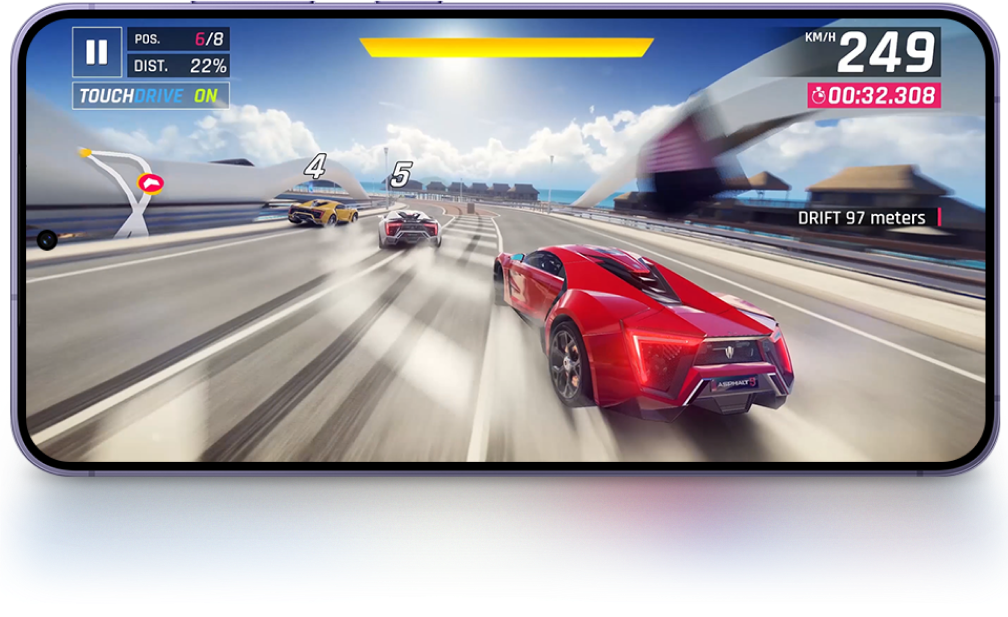 Photo of the Samsung Galaxy device playing a racing game.