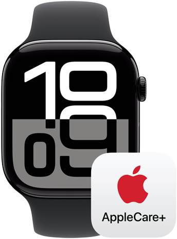 An AppleCare+ logo next to an Apple Watch Series 10.