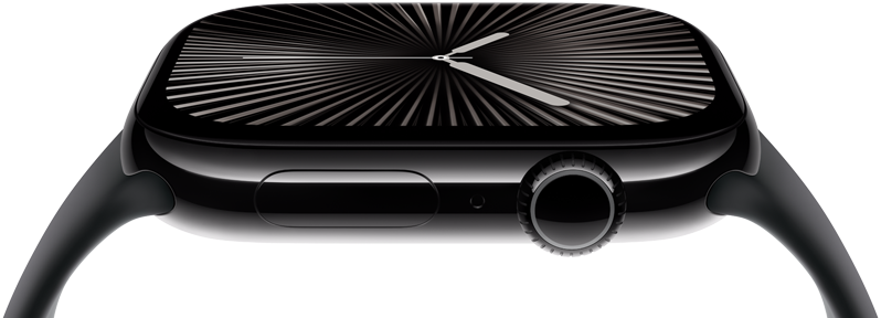 The screen and digital crown of an Apple Watch Series 10 seen from the side. The watch tilts sideways to show more of the screen.