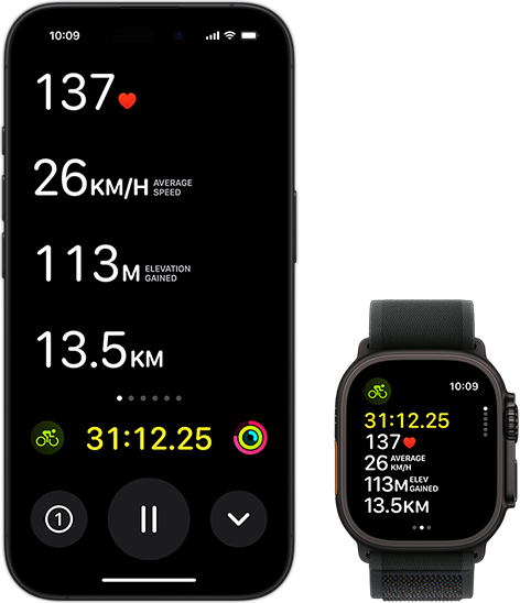 Live Activity showing a person’s biking metrics on both their Ultra 2 and their iPhone