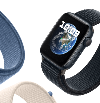 Apple Watch SE with Sport Loop strap displaying Astronomy wallpaper showing planet Earth.