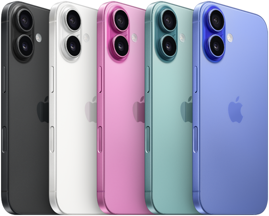 iPhone 16, back exterior, raised advanced dual-camera system, Apple logo in centre, all five finishes, Black, White, Pink, Teal, Ultramarine