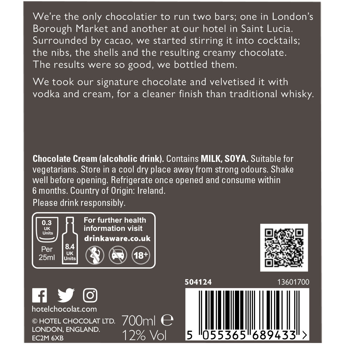 Back of bottle of Hotel Chocolat Velvetised Chocolate Cream, 70cl