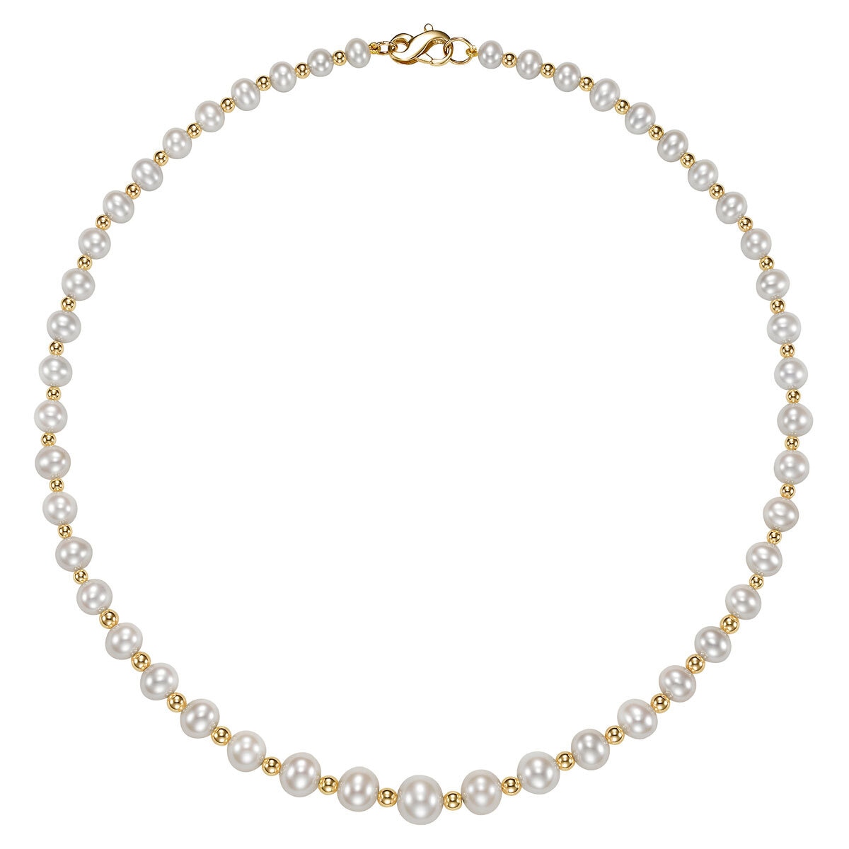 5-9m Cultured Freshwater White Pearl & Gold Bead Graduated Necklace, 14ct White Gold