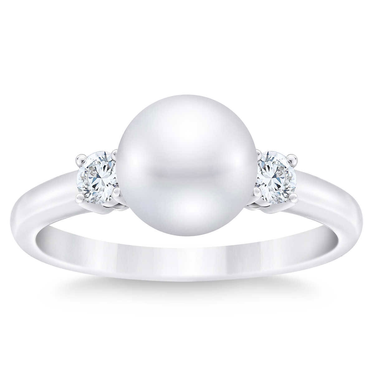 8-8.5mm Freshwater White Pearl & 0.21ctw Diamond Ring, 14ct White Gold