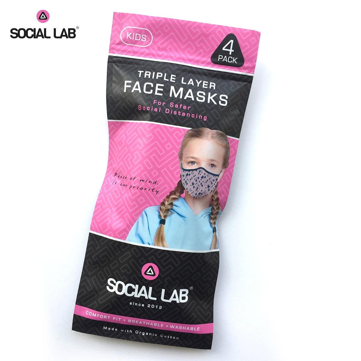 Social Lab Triple Layer Reusable Girl's Face Masks, 4 Pack