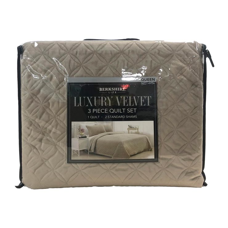 Berkshire Life Luxury Velvet 3 Piece King Size Quilt Set, Tan Costco UK