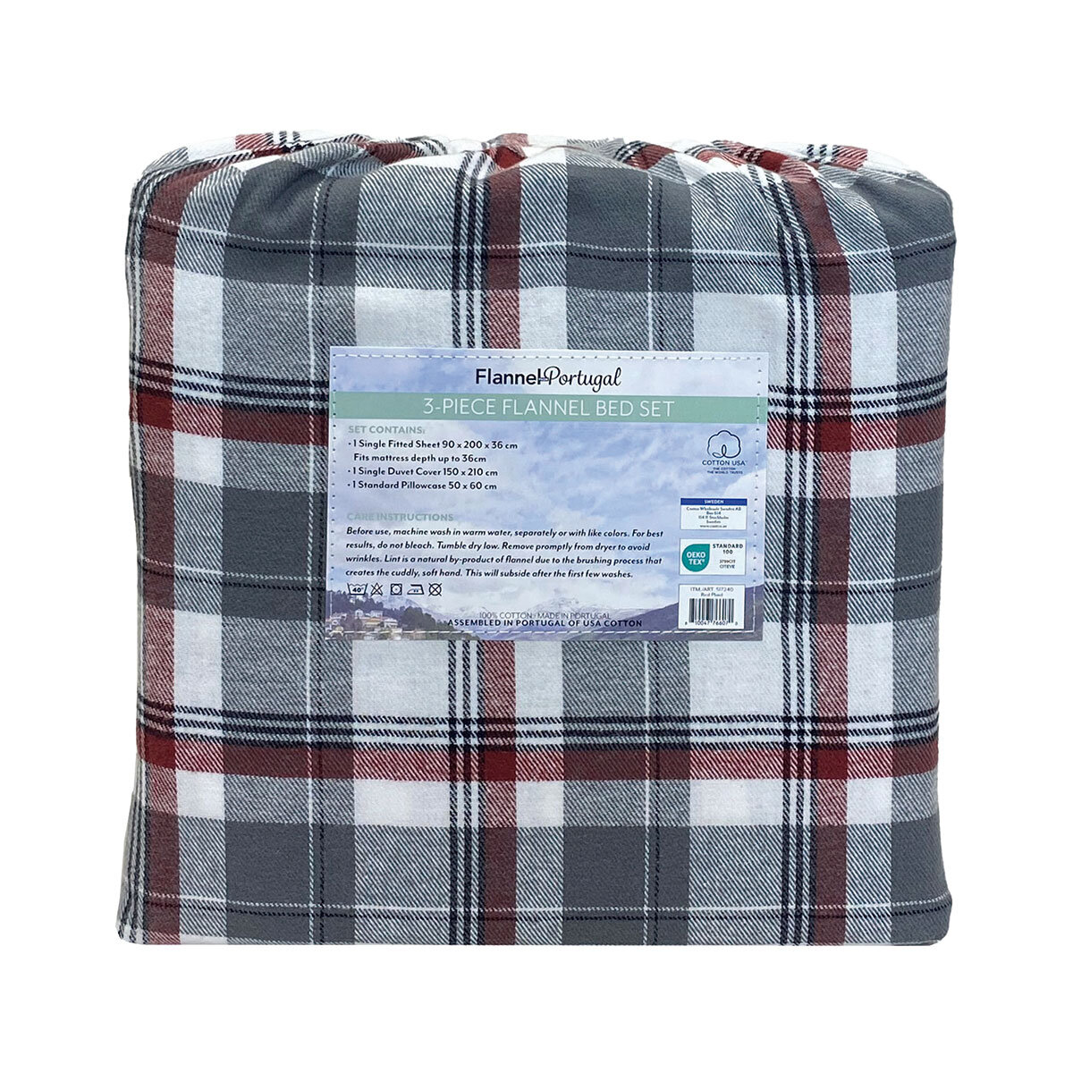 Portuguese Flannel Cotton 3 Piece Single Duvet Set, Red Plaid