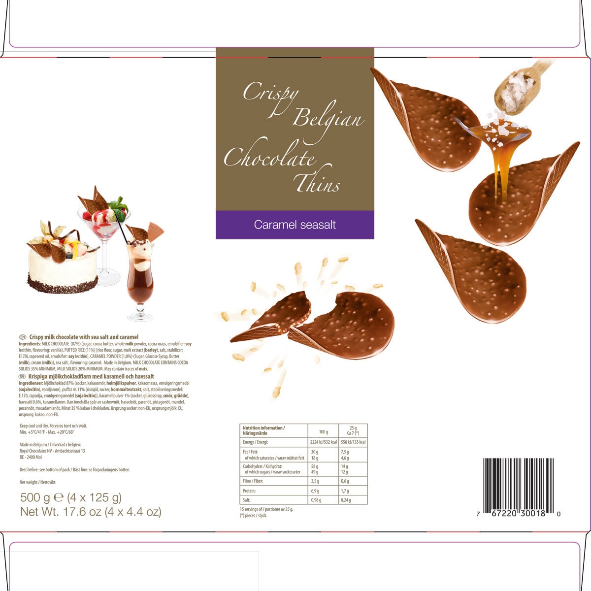 Belgian Chocolate Thins Caramel and Sea Salt, 4 x 125g