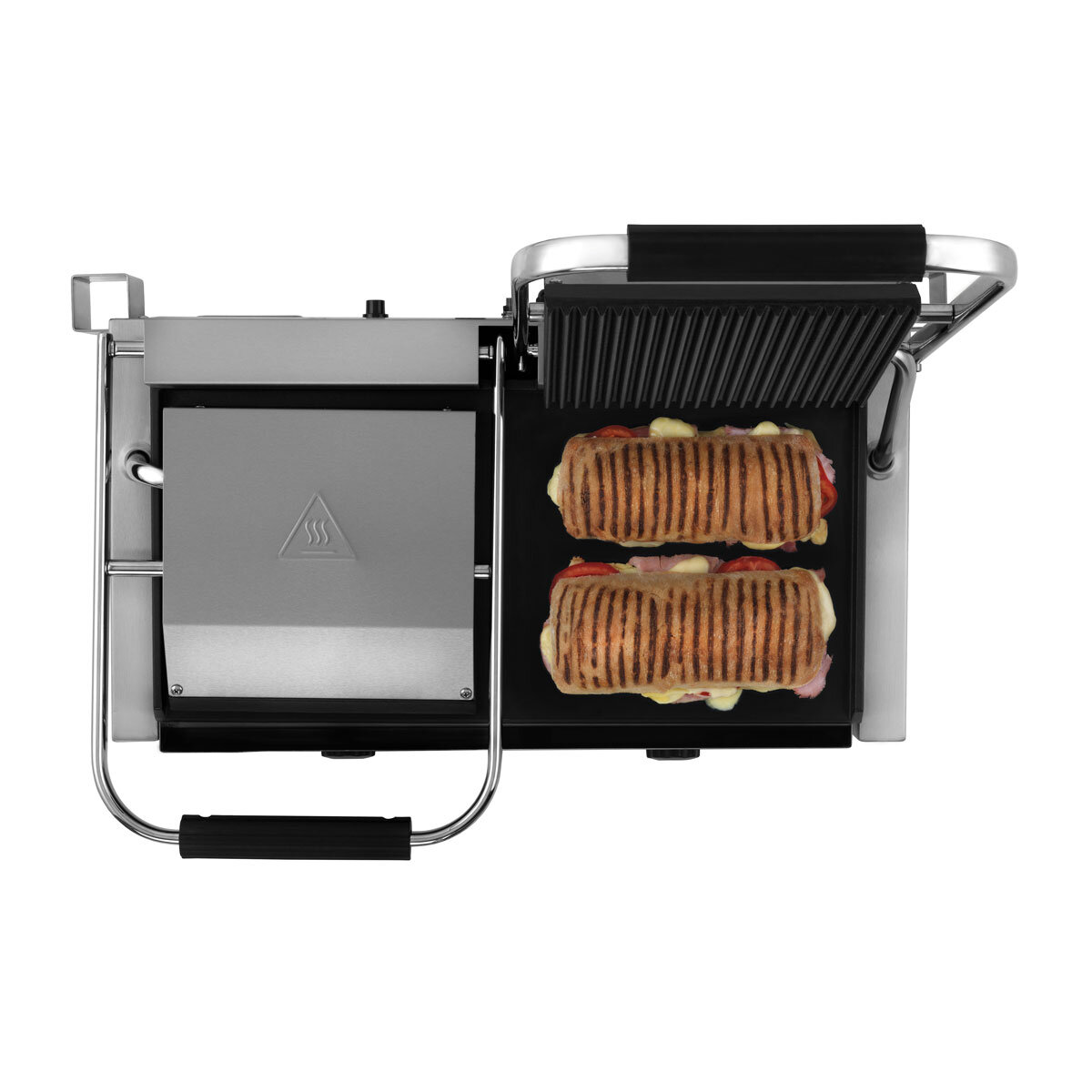 Dualit Double Contact Grill one half closed with paninis from above