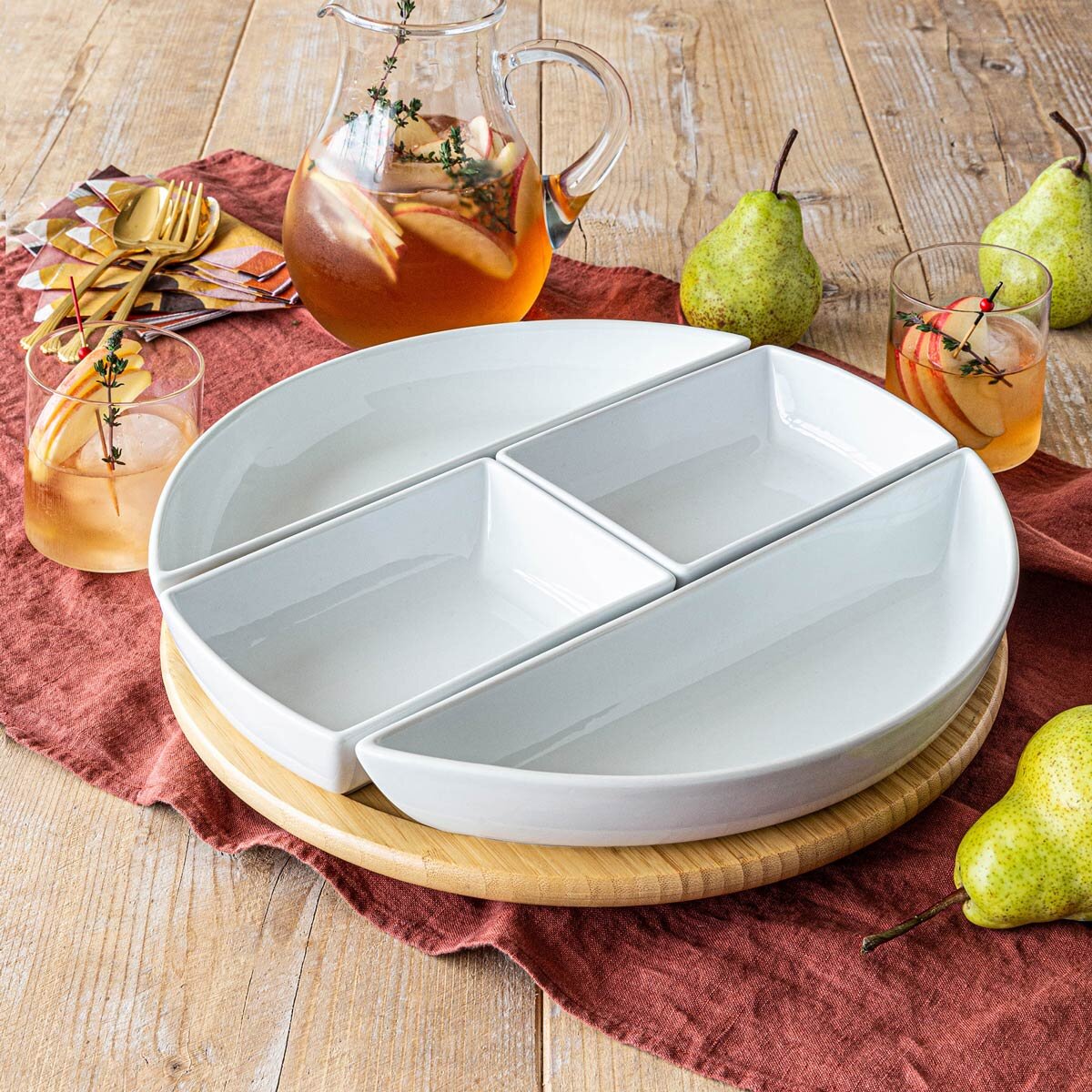 Bamboo Lazy Susan with Porcelain Dishes