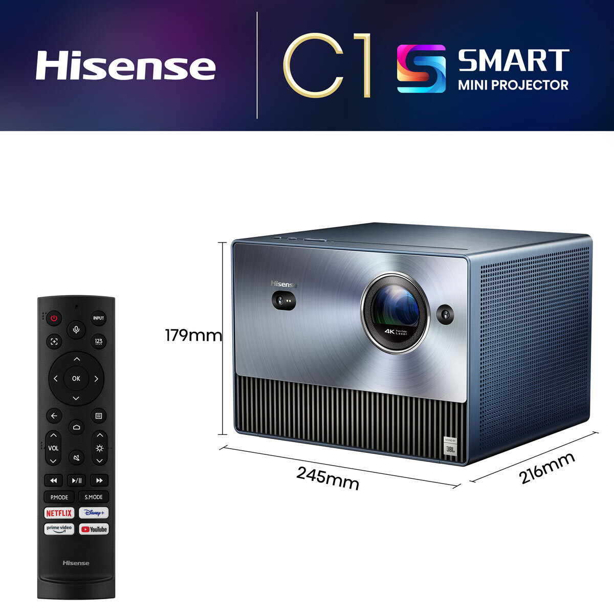 Dimensions & remote for Hisense C1TUK Smart Mini Projector