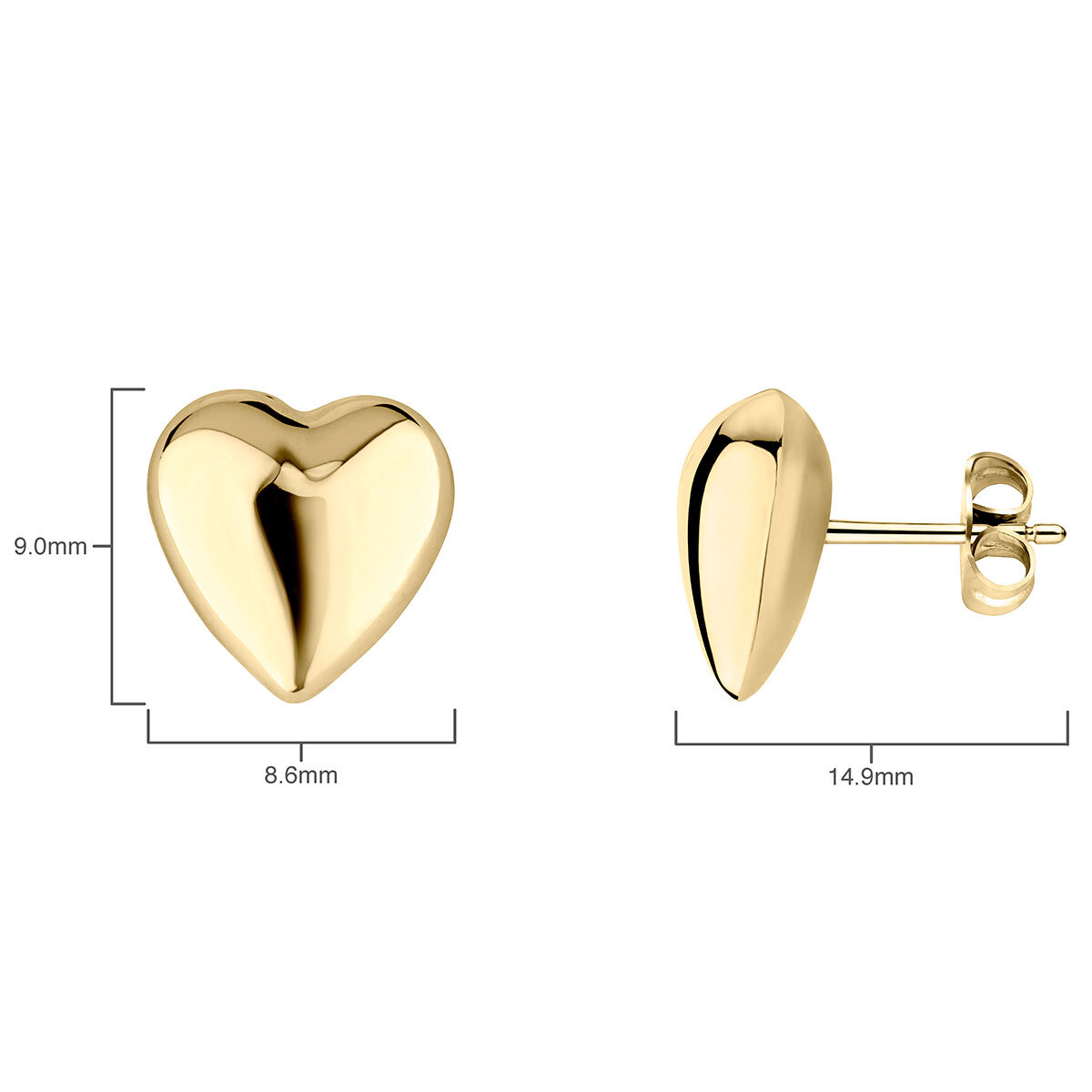 Heart Stud Earrings, 14ct Yellow Gold