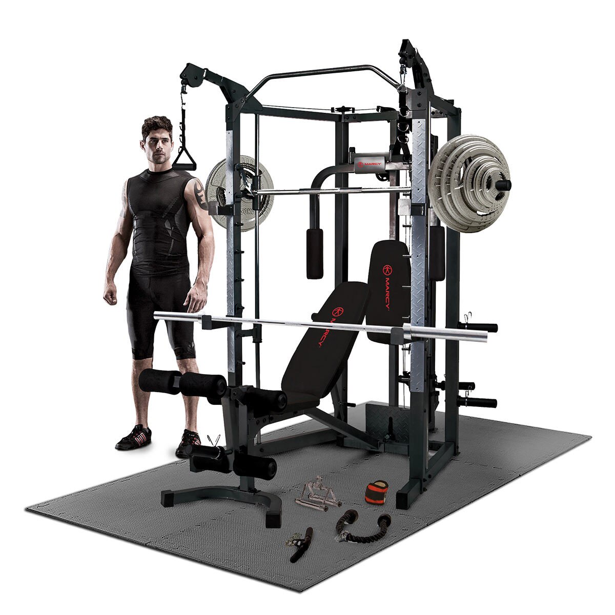 Marcy RS Deluxe Smith Machine And Bench With Kg Olympic Weight Set And Floor Matting In