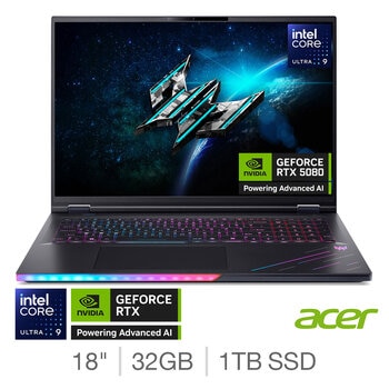 Acer Predator Helios 18, Intel Core Ultra 9, 32GB RAM, 1TB SSD NVIDIA GeForce RTX 5080, 18 Inch Gaming Laptop, NH.QVYEK.002 Acer Predator Helios 18, Intel Core Ultra 9, 32GB RAM, 1TB SSD NVIDIA GeForce RTX 5080, 18 Inch Gaming Laptop, NH.QVYEK.002