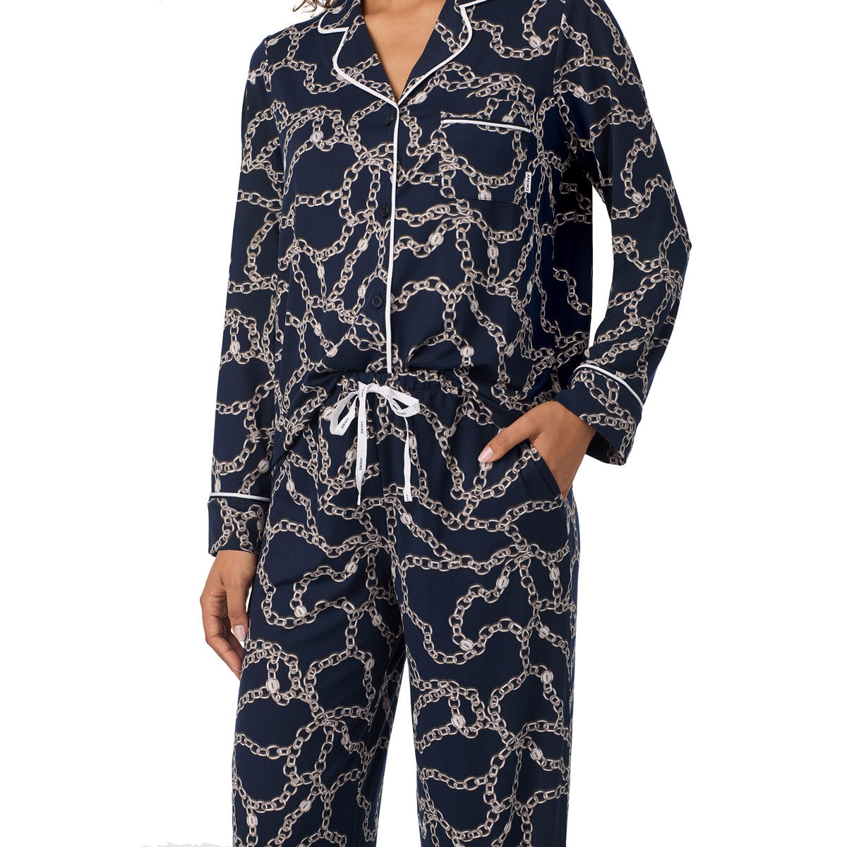 DKNY Notch Collar Pyjama Set in Navy Chain