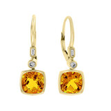 Cushion Cut Citrine & 0.10ctw Diamond Earring, 14ct Yellow Gold