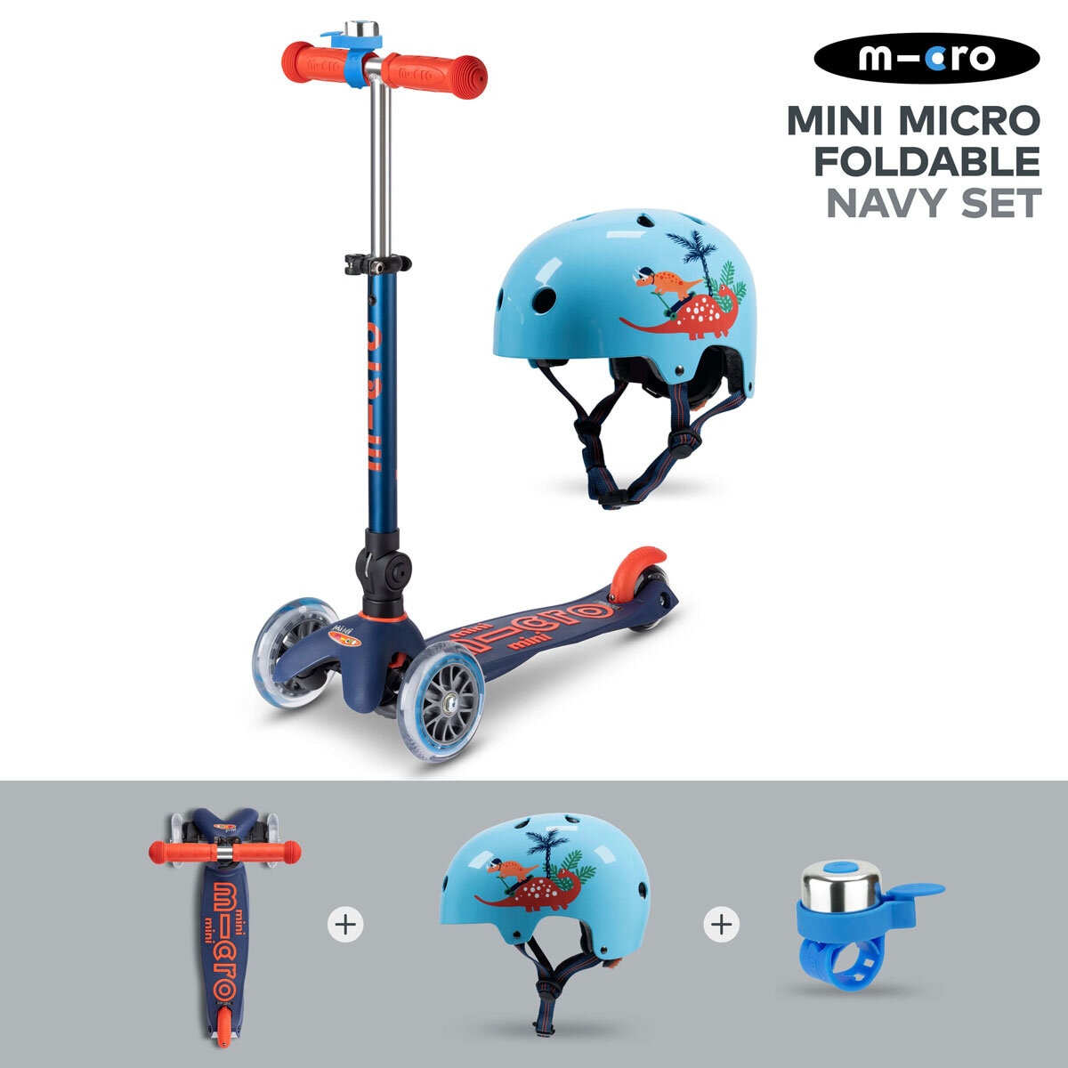 Micro Mini Foldable Navy Scooter with Small Dino Helmet and Blue Bell (2+ Years)