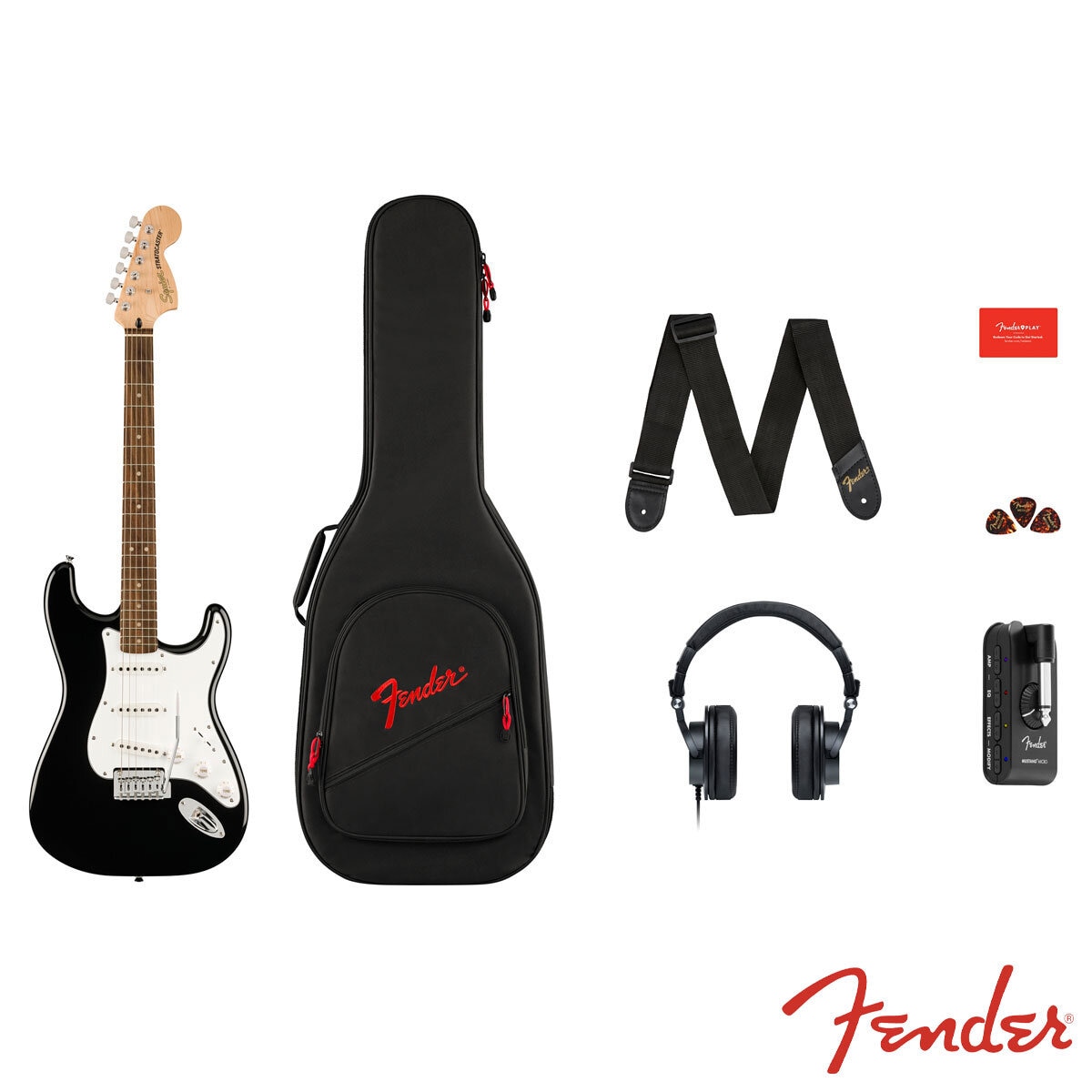 Squire Stratocaster Mustang by Fender Electric Guitar Affinity Series Pack, Black