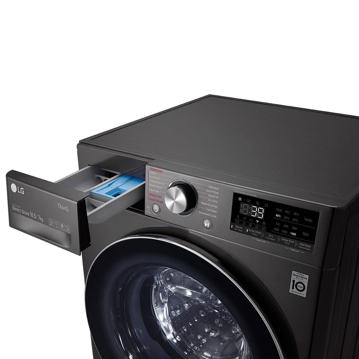 LG  FWV917BTSE, 10.5/7kg, Washer Dryer, E Rated in Black Steel with draw open