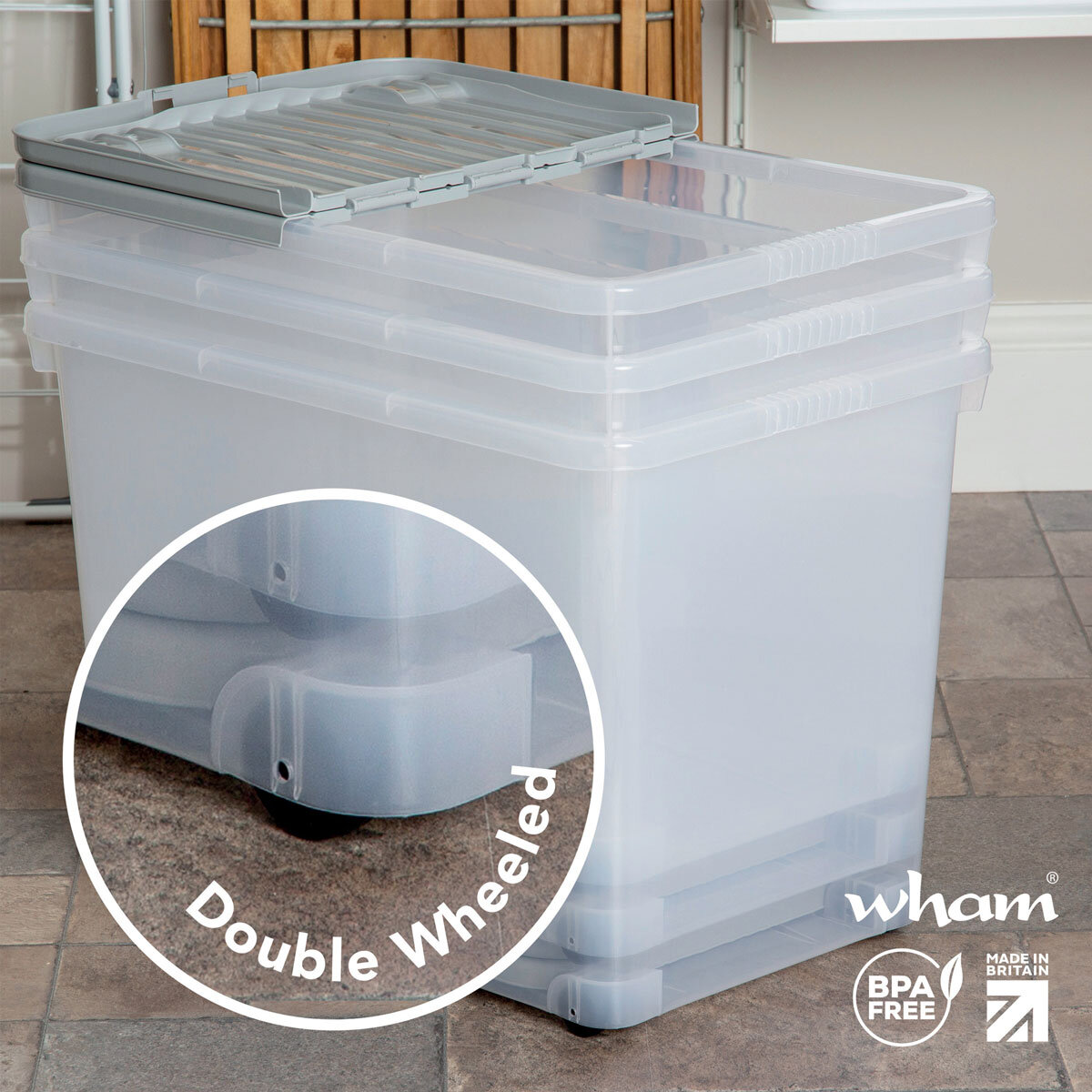 Wham 80 Litre Clear/Cool Grey Box with Wheels & Folding Lid - 3 Pack