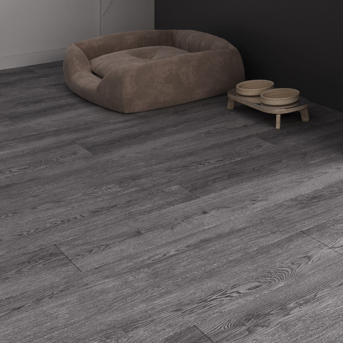 Lifestyle image of flooring with dog bowl and bed